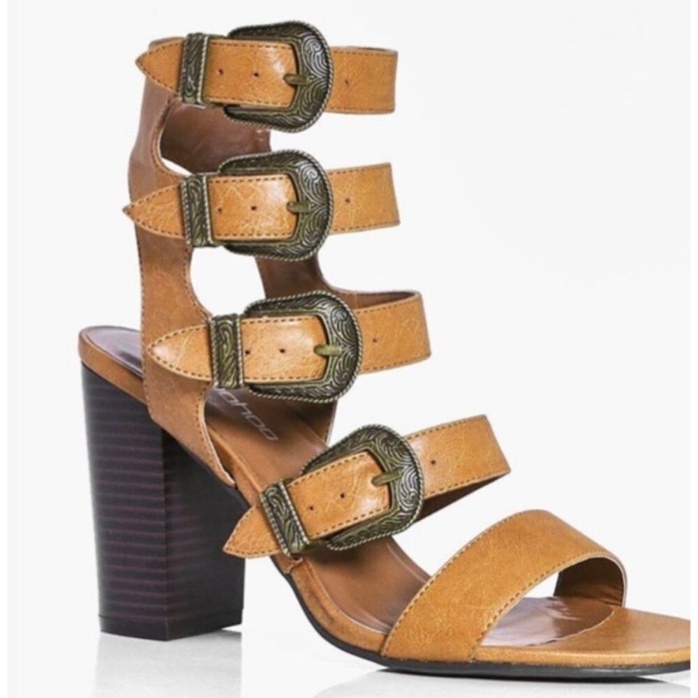 New Boohoo Sarah Buckle Gladiator Flared Heel Sandals Tan 7